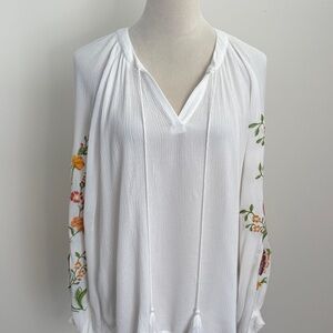 Tracy Evans White Blouse with Vibrant Floral Embroidery